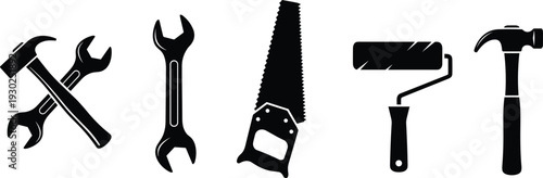 Black vector silhouettes of construction tools including crossed hammer and wrench hand saw paint roller and claw hammer isolated on white background icons