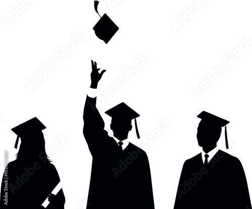 Graduation celebration silhouette of three students tossing cap