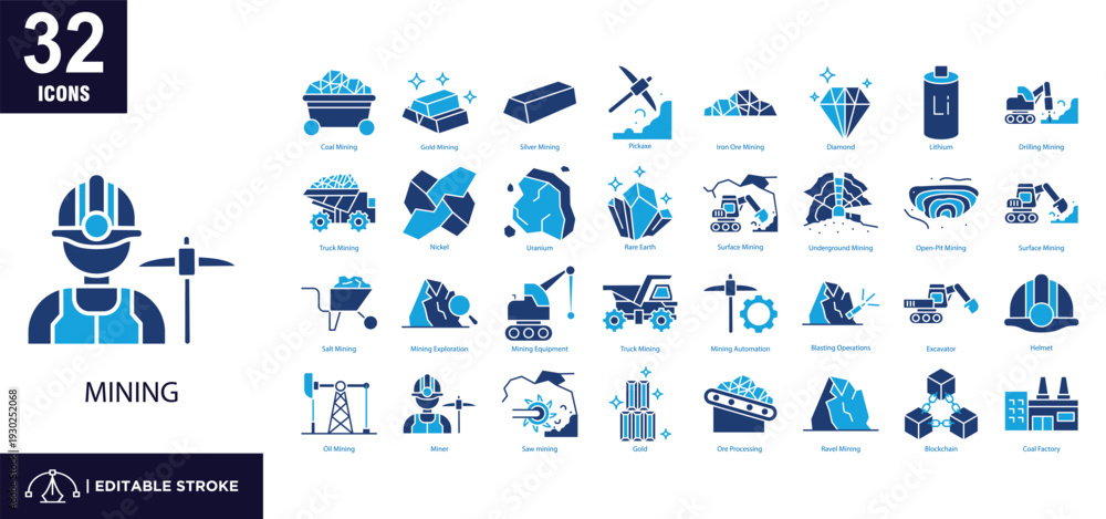 Fototapeta premium Set of 32 Mining icons in mixed color style.