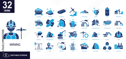 Set of 32 Mining icons in mixed color style.