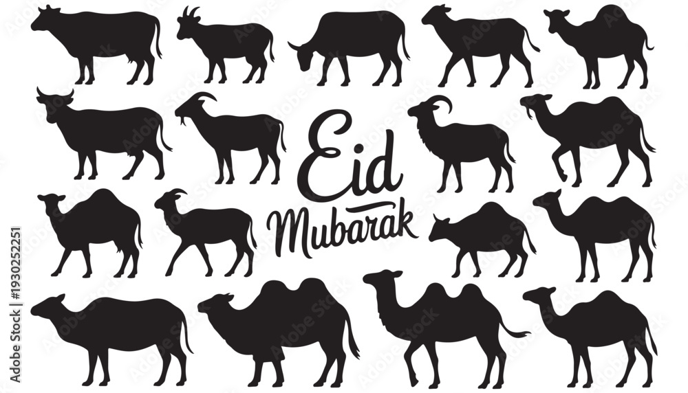 Fototapeta premium Eid al-Adha Mubarak Wishes: A Festive Poster Featuring Decorative Islamic Patterns ,Farm Animal Silhouettes - A Diverse Collection of Livestock and Poultry.