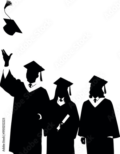 Graduation celebration silhouette of three students tossing caps