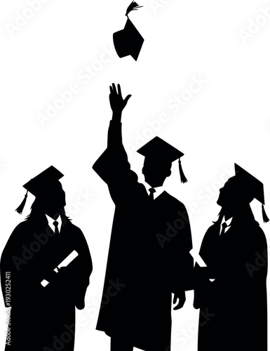 Graduation celebration silhouette of three students tossing cap