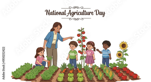 People of different ages on a farm celebrating National Agriculture Day with fresh produce and livestock.