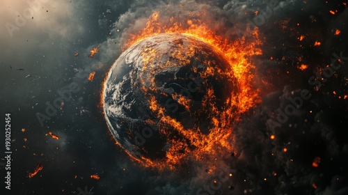 dramatic 3d rendering of planet Earth engulfed in flames, half of it covered in smoke, factories and burning forests visible on surface