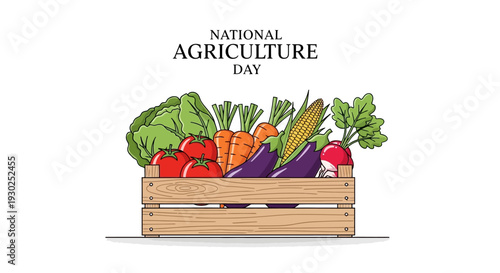 A wooden crate overflowing with fresh vegetables celebrating National Agriculture Day with American farmers and producers providing food and fiber abundance.