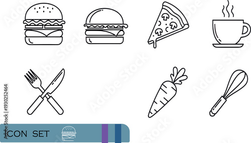 Print Minimalist Fast Food and Kitchen Utensils Icon Set Featuring Burgers Pizza Coffee and Cooking Tools