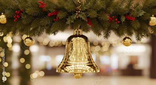 Golden Christmas bell with festive decorations and lights