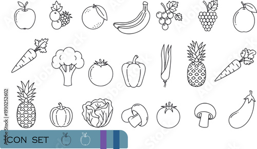 Print Minimalist Garden Fresh Fruit and Vegetable Icon Set Featuring Organic Produce Like Pineapple Grapes Eggplant and Mushrooms