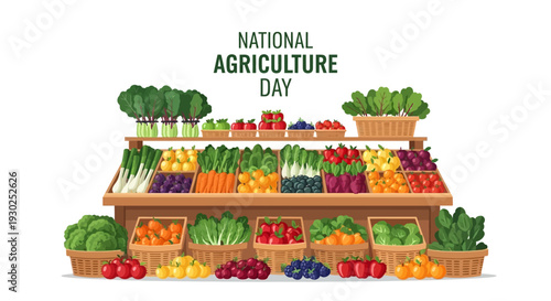 Fresh produce display for National Agriculture Day with fruits and vegetables, celebrating american farmers and food abundance.