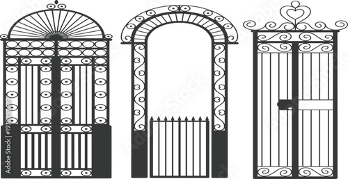 Ornate wrought iron gate vector set, featuring decorative metal entrance designs, classical garden portals, and architectural fence elements