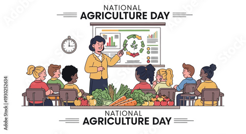 Illustration of a teacher and students celebrating National Agriculture Day with food and a presentation on agriculture