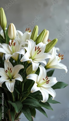 Bouquet of white lilies with green buds and dark leaves. Elegant floral arrangement on textured grey background. Clean fresh flowers for events.
