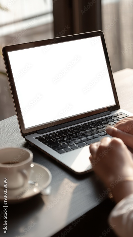Fototapeta premium Person Typing on Laptop Next to Coffee