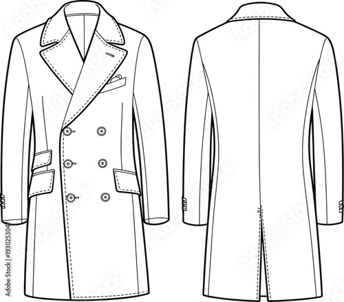 Flat vector CAD drawing of classic double-breasted men's overcoat with peak lapel, flap pockets, long sleeves, fashion sketch illustration