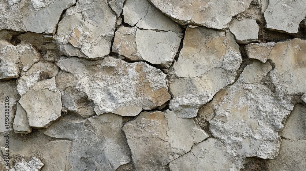 Fototapeta premium broken wall texture with shattered stone elements, uneven edges and distressed worn-out surface for destruction simulation