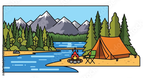 A vibrant illustration of a serene lakeside camping scene with mountains, forest, tent, and campfire.