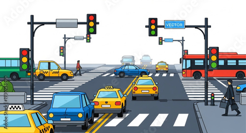 Busy City Street Traffic Scene.