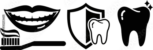 Dental Care Icon Set Vector Illustration with Toothbrush, Smiling Mouth, Shield Protection, and Shiny Tooth Silhouettes