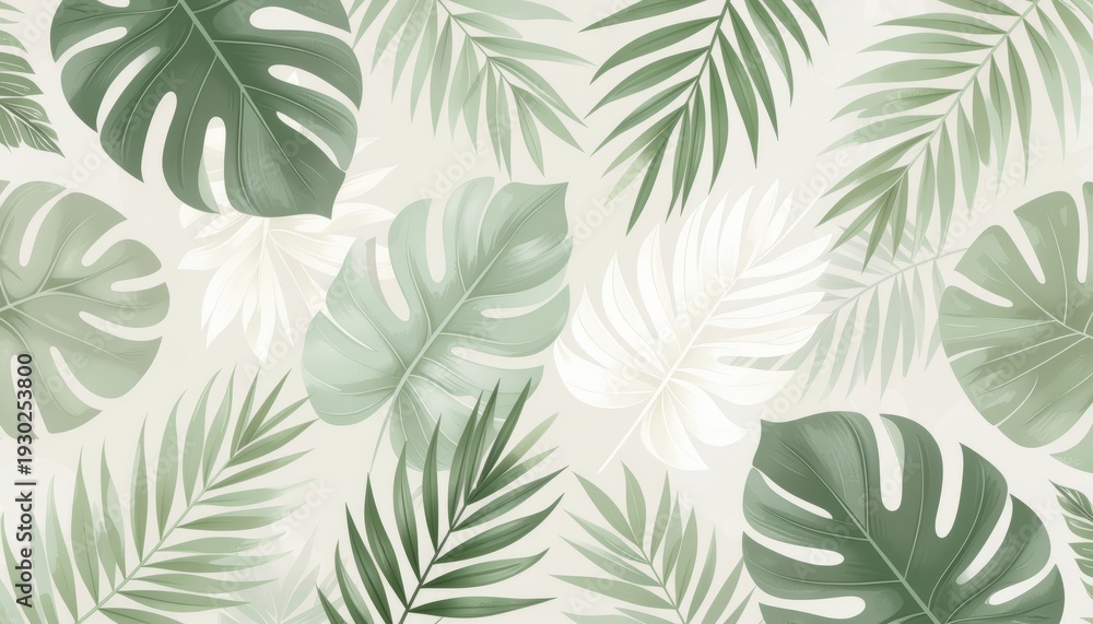 Fototapeta premium Tropical Green Leaves Pattern on Light Background in Refreshing Botanical Design