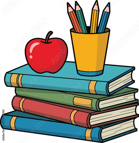 Back to school vector illustration with stack of books a red apple and colorful pencils