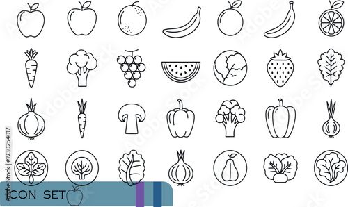 Print Comprehensive Fresh Produce Icon Set Featuring Minimalist Line Art of Fruits Vegetables Leafy Greens and Organic Garden Harvest