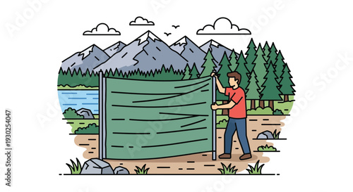 A man setting up a green privacy screen or tarp in a natural outdoor environment with mountains, a lake, and a forest in the background.
