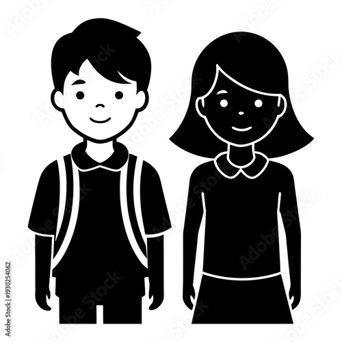 Cheerful Student Boy and Girl Silhouette Isolated on White.