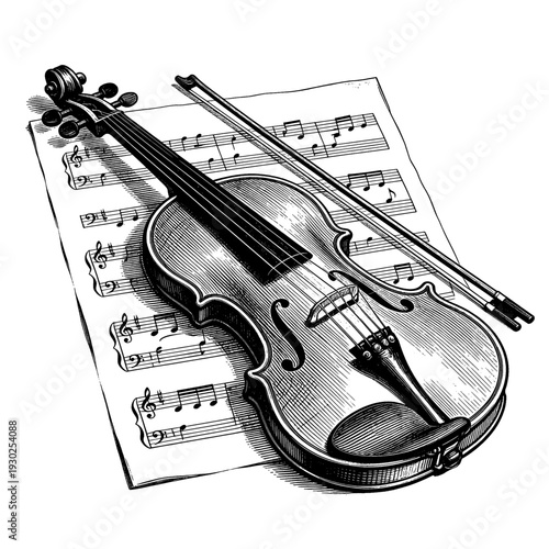 Antique violin instrument etching illustration for vintage classical music concept