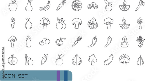 Print Comprehensive Fruits and Vegetables Line Icon Set Featuring Organic Produce Sliced Fruits Garden Greens and Exotic Vegetables