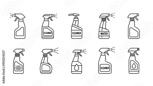 Collection of ten different black line art vector icons representing various spray bottles used for household cleaning liquids and water solutions