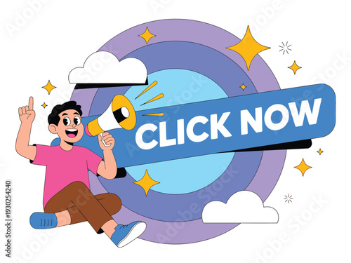Enthusiastic person with a megaphone pointing up, announcing 'CLICK NOW' amidst stars and clouds for a call to action.