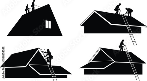 Black vector silhouettes of roofers working on house roof with ladders isolated on white background construction and renovation industry professionals icons and symbols