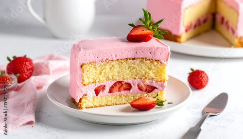 Delicious Strawberry Cake Slice with Pink Frosting and Fresh Berries.