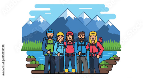 Illustration of five happy hikers with backpacks and poles standing by a lake with mountains and trees in the background, enjoying nature.