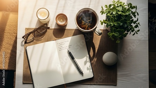 Top View Notebook Glasses and Coffee on Minimal Creative Workspace Desk