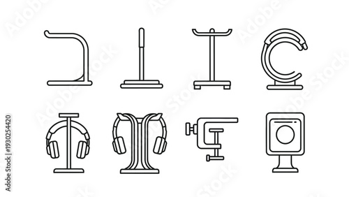 A modern vector graphic design illustrating a diverse collection of minimalist outline icons for various headphone stands, holders, and audio accessory organization solutions.