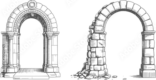 Ancient stone archway vector set featuring ornate classical entrance, ruined architectural portal, and historical masonry structure elements