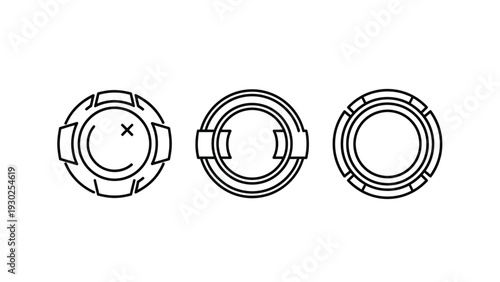 Collection of three stylized monochrome vector graphic icons representing different stages of a casino chip design or token evolution