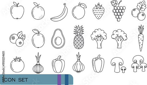 Print Minimalist Fresh Fruits and Vegetables Line Icon Set Featuring Organic Produce Like Avocados Pineapples Blueberries and Garden Greens