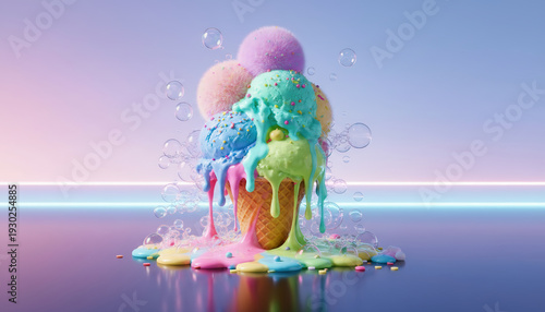 Colorful melting ice cream scoops stacked on a waffle cone with glossy dripping glaze, floating bubbles, and a vibrant pastel gradient background in playful pop art style.