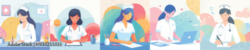 vector of nurse writing at work desk