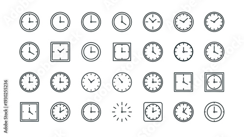 A comprehensive vector graphic illustration showcasing a diverse collection of time-related clock icons with different shapes and styles for digital design projects.