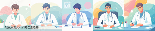 vector of a doctor writing at a desk