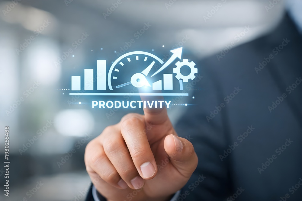 Obraz premium Productivity and Business Performance Management with Hand Touching Virtual Growth Interface