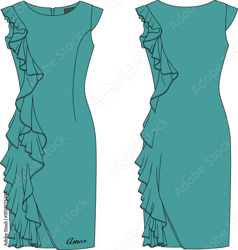 Flat vector CAD drawing of elegant teal ruffle dress with asymmetrical layered design, sleeveless style, knee length, and side detailing