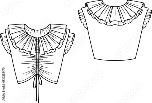 Flat vector CAD drawing of fashionable women's ruffle blouse top design with pleated neckline, drawstring back, sleeve detail, and frills
