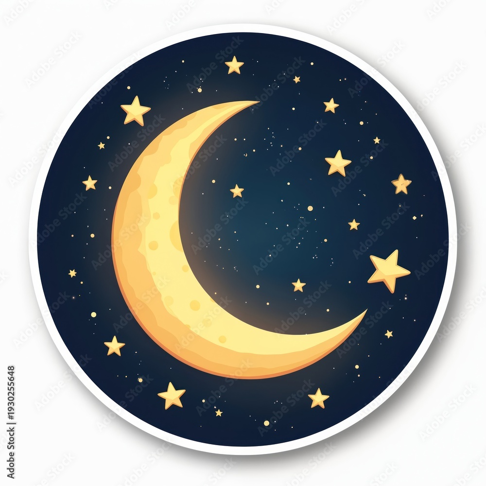 Naklejka premium Yellow crescent moon and stars against dark night sky. Digital sticker, round shape, flat visual art style. Celestial graphic for kids designs.