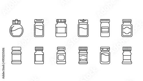 A collection of minimalist outline vector illustrations featuring various pharmaceutical bottles, jars, and containers, perfect for medical and health supplement packaging design.