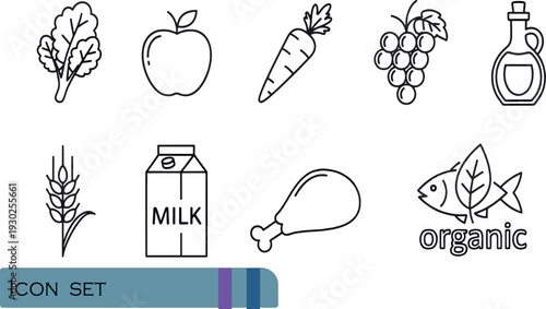 Print Minimalist Organic Food and Natural Ingredients Icon Set Featuring Fresh Produce Dairy Poultry and Sustainable Agriculture Symbols